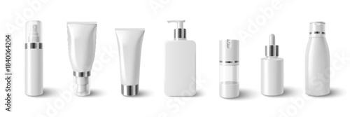 Skincare product mockup set with white cosmetic bottles, tubes and pump containers with silver lids. Realistic beauty packaging of cream tubes, serum dispensers and blank skincare templates.
