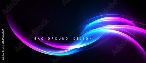 Abstract neon waves flow across dark background. Vibrant blue, purple hues create dynamic visual effect. Text reads background design.