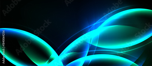 Abstract luminous shapes, flowing curves, dark background. Bright teal, turquoise hues create dynamic visual effect. Modern design.