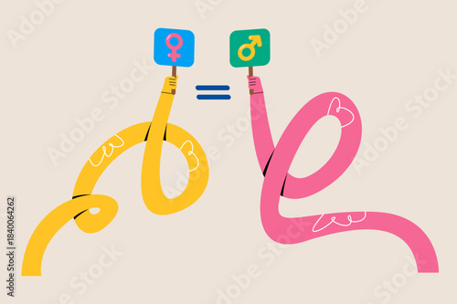 Hands holding placards with gender symbols. Between male and female signs.  Colorful vector illustration