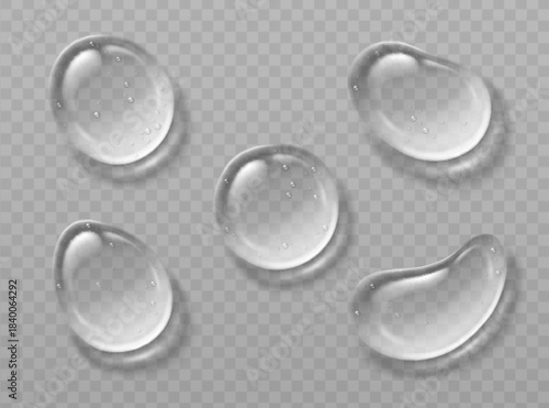 3D water or gel drops set isolated on transparent background. Vector realistic illustration of abstract cosmetic serum droplet top view, liquid skincare product texture, moisture oil or cream bubble