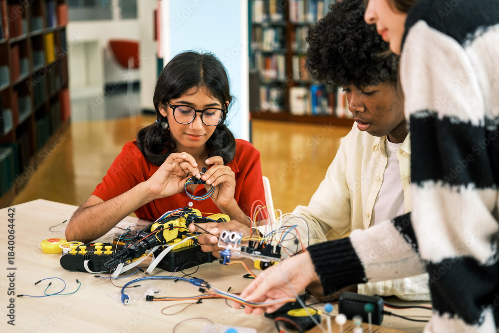 Fototapeta premium An Indian girl and African boy work together on a robotics project using electronic components in a classroom or library setting, highlighting collaboration, STEM learning, and academic curiosity.