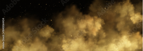 Yellow smoke clouds with sparks flying in air. Vector realistic illustration of transparent mist rising above fire, fiery heat rising up with cinder particles, burning flame haze overlay effect