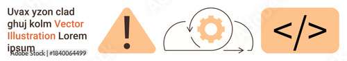Software development, cloud computing, coding processes, data synchronization, error alerts, tech diagnostics. Warning sign, cloud with gear and code symbols. Software and cloud computing