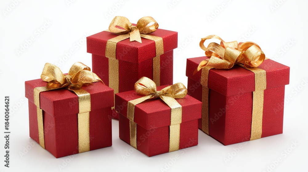 Obraz premium A red gift box, a gold bow, a Christmas present.