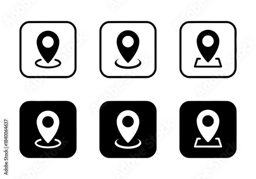 Six Location Pin Icons with Circle and Square Bases Keywords: location pin, map marker, pointer, navigation, symbol, icon, place, address, GPS, search, find, destination, real estate