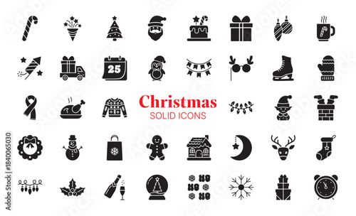 Solid Christmas glyph icon set of 38 festive winter symbols: tree, gift, snowflake, bell, mug, wreath and more. Minimal black holiday icons for web, apps, infographics, prints and branding.