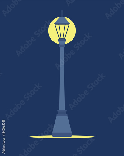 Street lamp isolated on a blue background.  Lighting icon, vector illustration in a flat style. Street lighting object with the light on.
