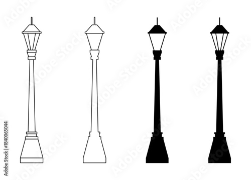 Street lamp set isolated on a white background. Black silhouette and outline drawing. Lighting icon, vector illustration in a minimalist style.