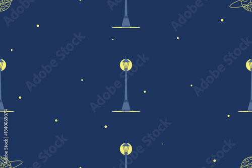 Yellow lanterns, planets and stars on a blue background. Seamless pattern under clipping mask.  Background for paper, cover, textile, gift wrap. Evening street lighting.	