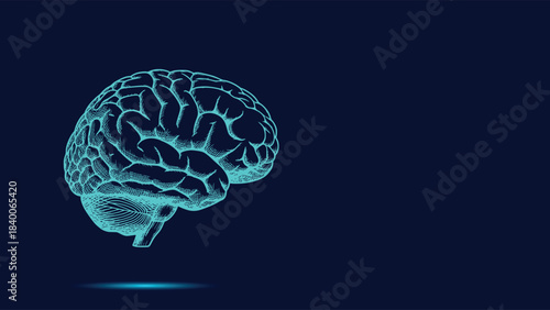 Neon cyan digital sketch of human brain structure floating above dark blue abstract background
