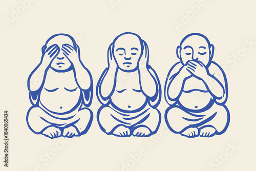 Three buddha monks see hear speak sketch vector illustration