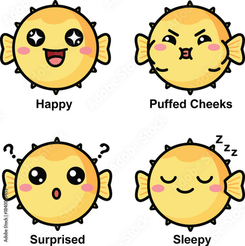 Cute cartoon pufferfish showing various emotions like happy, puffed cheeks, surprised, and sleepy expressions.