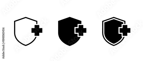 Three Shield Icons With Plus Sign In Black protection