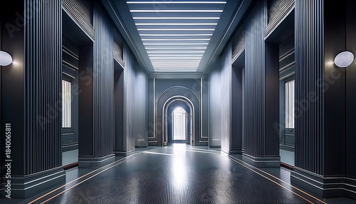 Sleek minimalist entrance hall with futuristic architecture, elegant indirect lighting, and a reflective polished floor, creating a luxurious modern interior