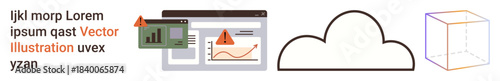 Data security, analytics, cloud computing, 3D modeling, technology visualization, system monitoring. Graphic with data charts, a warning sign cloud icon and 3D cube outline. Data security