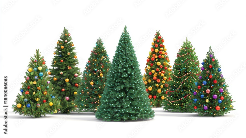 Fototapeta premium Various Christmas trees on a pure white background, adorned with colorful balls and lights