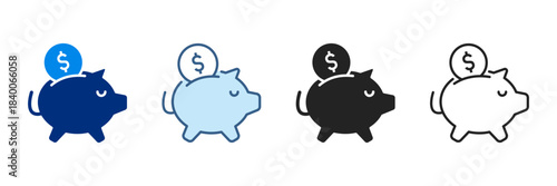 Piggy Bank Icon Set Various Styles Vector Illustrations With Dollar Currency.