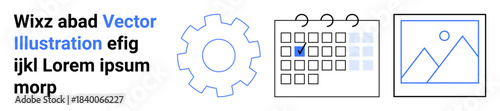 Workflow optimization, business planning, project tracking, digital tools, scheduling, and productivity. Gear, calendar and image icons. Workflow optimization and business planning concepts