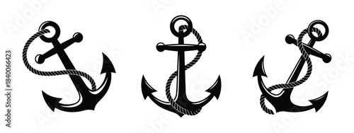 Ship Anchor with Rope Icon Set – Nautical Vector Collection Featuring Marine Anchors, Ropes, and Sea-Themed Symbols for Maritime Design Projects