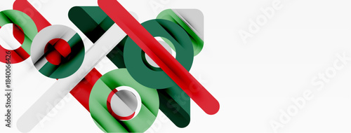 Abstract composition featuring intersecting cylinders, circles. Red, green, white colors dominate minimalist design. Clean lines, geometric shapes present.