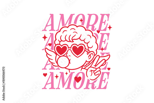 Amore, Cool Retro Cupid Angel Blowing Bubble Gum for Valentine's Day Typography T Shirt Design
