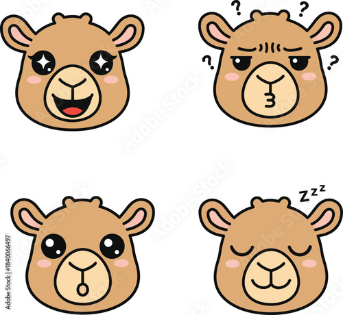 Four cute cartoon camel faces showing various emotions like happiness, confusion, surprise, and sleepiness.