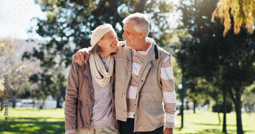 Принти на полотні Retirement, walking and couple in nature with hug, love and bonding together in happy marriage