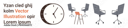 Workspace organization, time management, office interior, modern furniture, business environments, creative spaces. Office chairs, a stool and a clock next to text. Workspace organization and time