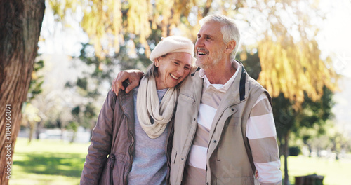Cuadro en lienzo Retirement, walk and couple in park with hug, love and bonding together in happy marriage