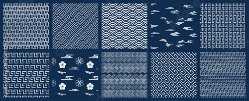 Japanese pattern set, blue geometric background, wallpaper