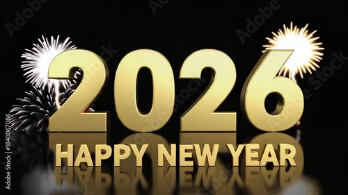 Golden 3d text 2026 happy new year with fireworks on black background