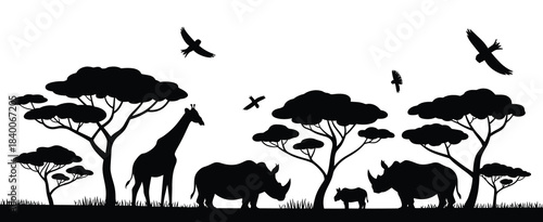 African Savannah Silhouette Scene – Seamless Vector Landscape with Giraffes, Rhinos, and Flying Birds in a Tropical Wildlife Horizon