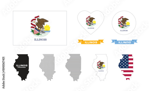 Illinois flag and map set. The Illinois state flag in official colors and proportions. December 3rd celebrations, maps, circles, and the heart of Illinois.