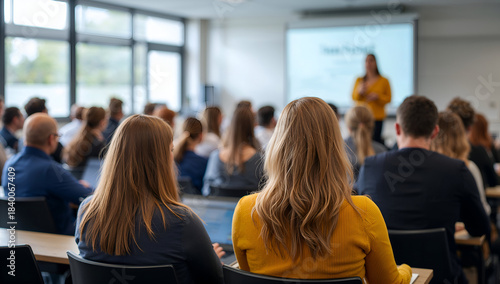 Wallpaper Mural Students attentively listen to a presentation in a bright, modern lecture hall setting Torontodigital.ca