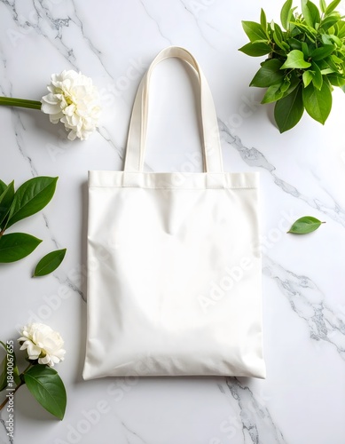 Elegant White Tote Bag Mockup with Floral and Greenery Accents on Marble Surface