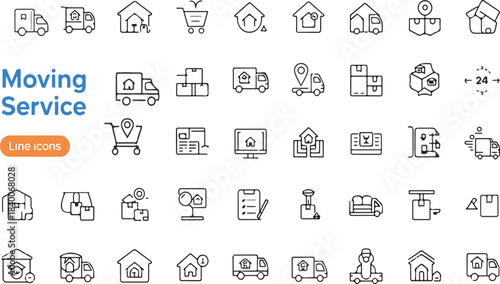 Moving house services icons set vector. Moving Service Line Icon Pack. Storehouse box. Cargo move icon