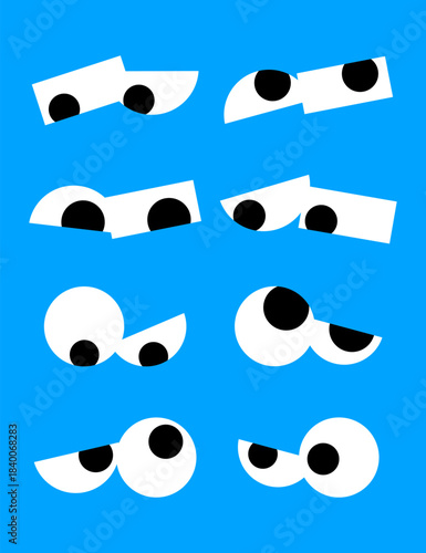 Pack of funny half lidded cartoon eyes showing tired bored or suspicious expressions on blue background
