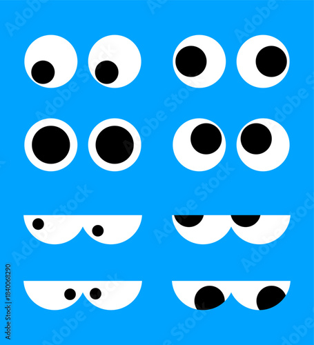Set of simple round cartoon eyes looking in various directions isolated on blue background for character design