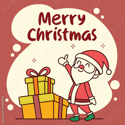 Cute cartoon santa claus with gifts wishing merry christmas,  A cheerful cartoon Santa Claus stands next to a stack of gift boxes, wishing everyone a Merry Christmas with a friendly wave.