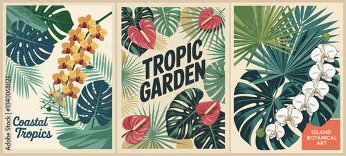 A retro botanical triptych featuring orchids, monstera leaves, and tropical flowers in a mid-century travel-poster style with teal, green, red, and yellow tones