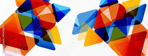 Abstract geometric shapes overlap. Bright colors create dynamic composition. Modern design, vibrant, translucent elements present.