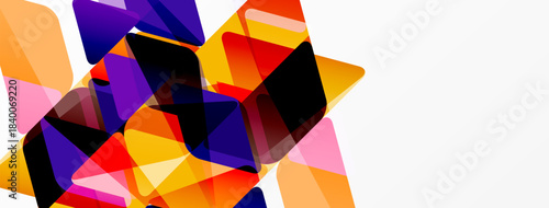 Abstract shapes overlap, creating vibrant color blends. Orange, purple, red dominate composition. Minimalist design, modern aesthetic.