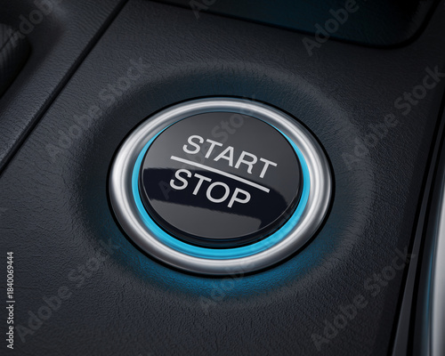 Car start stop button with blue light, engine ignition switch for vehicle dashboard, modern automotive control