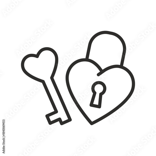 Key to the heart icon, heart-shaped lock, element for Valentine's Day concept, lovers emotions, line art web symbol, vector illustration