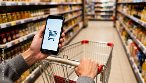 Customer holds a smartphone displaying a shopping cart icon while pushing a trolley in a store aisle.
