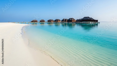 Fototapeta Naklejka Na Ścianę i Meble -  Tropical paradise with overwater bungalows and pristine white sand beach in the Maldives.