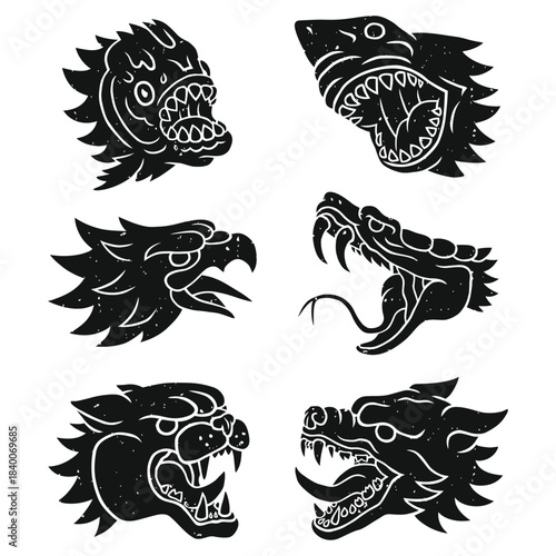 Vintage Tattoo Style Fierce Creature Heads. Black and white illustrations of aggressive mythical beasts and predators with sharp fangs for edgy graphic design