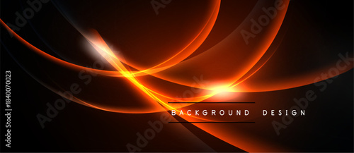 Dynamic orange curves radiate from central light source. Background is black, creating dramatic visual effect. Modern design element.