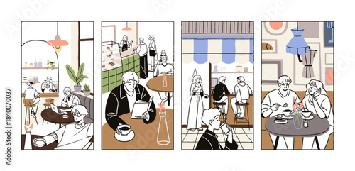 Doodle set of people in cafe. Men and women sit at tables in coffeehouse, order coffee and desserts. Boys and girls drink, read, work, and relax in cafeteria. Flat outline vector illustrations